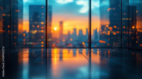 City Skyline Reflections During Sunset Showcasing Urban Lights and Architecture