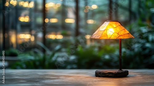 Wallpaper Mural A rustic Tiffany-style lamp, set on a natural stone base, glows beautifully against a soft green background, merging artistry with nature seamlessly. Torontodigital.ca