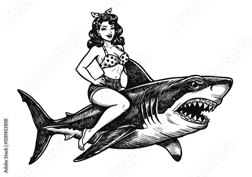 Pinup girl riding shark drawing vintage tattoo style black and white art