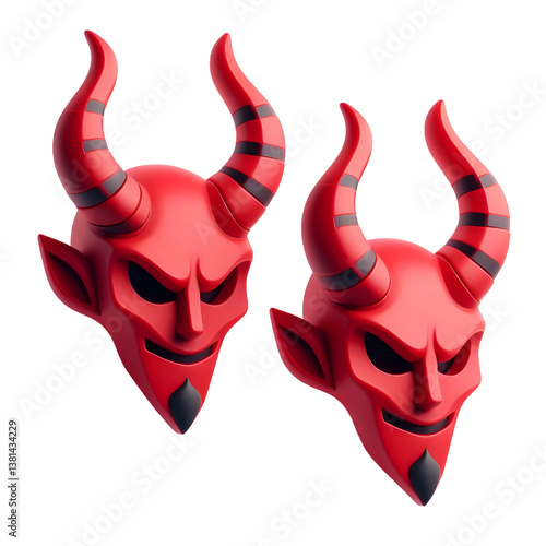 3D Halloween red devil horns. Cutout satan character horns design element isolated on white background