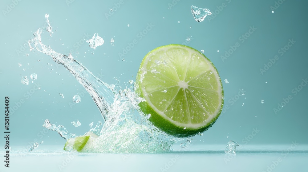 This dynamic image features a lime slice launching into clear water, illustrating freshness and vitality, perfect for accentuating summer flavors and thirst-quenching beverages.