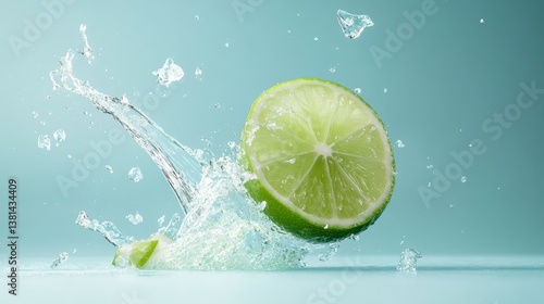 Obraz na płótnie This dynamic image features a lime slice launching into clear water, illustrating freshness and vitality, perfect for accentuating summer flavors and thirst-quenching beverages. w salonie