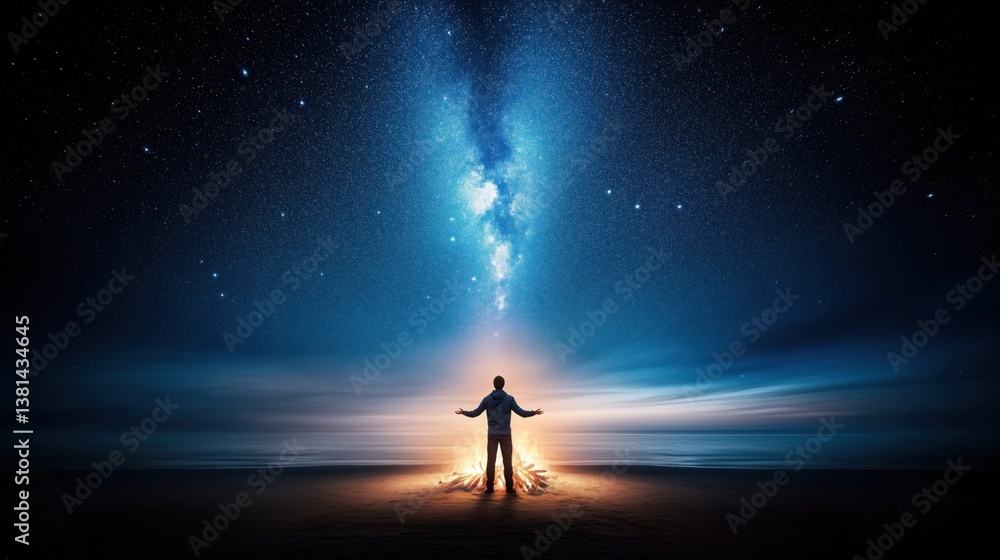 Fototapeta premium Embracing the Cosmos: Person Standing by a Fire Under Starry Sky Near Ocean at Night