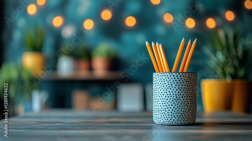 Bright Yellow Pencils in a Stylish Holder on a Wooden Table With Cozy Backgro...