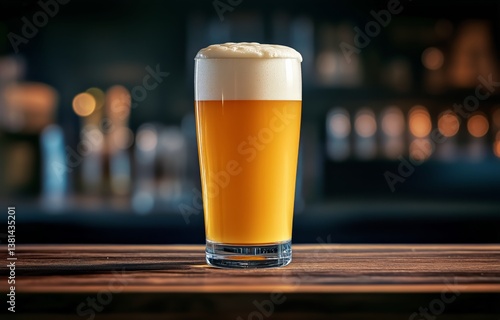 Chilled Beer in a Glass With Creamy Foam on the Bar at a Cozy Pub During Even...