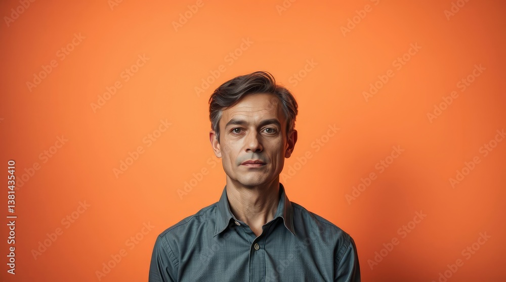 Obraz premium Man Portrait with Neutral Expression Against an Orange Studio Background