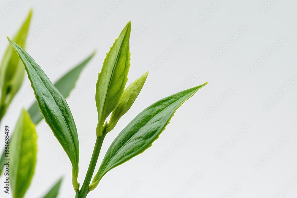 Fototapeta premium Fresh green plant leaves emerging against a soft white background, symbolizing growth
