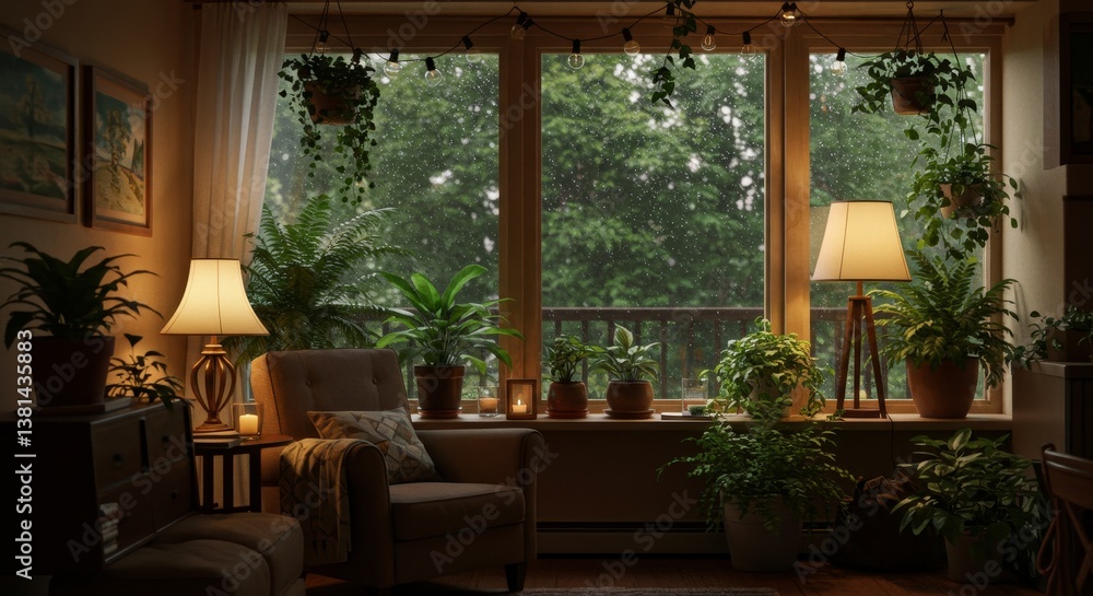 Fototapeta premium Rainy Day Charm: Cozy Indoor Scene with Greenery - Tranquil indoor scene, warm lighting, lush plants, rainy window view, cozy armchair. Symbolizing peace, comfort, nature, relaxation, and serenity