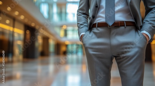 Business Professional in Tailored Suit Stands Confidently in Modern Office Sp...