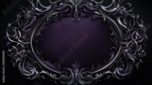 A dark purple and silver gothic decorative frame with intricate, swirling patterns and sharp details forming an oval shape around the center
