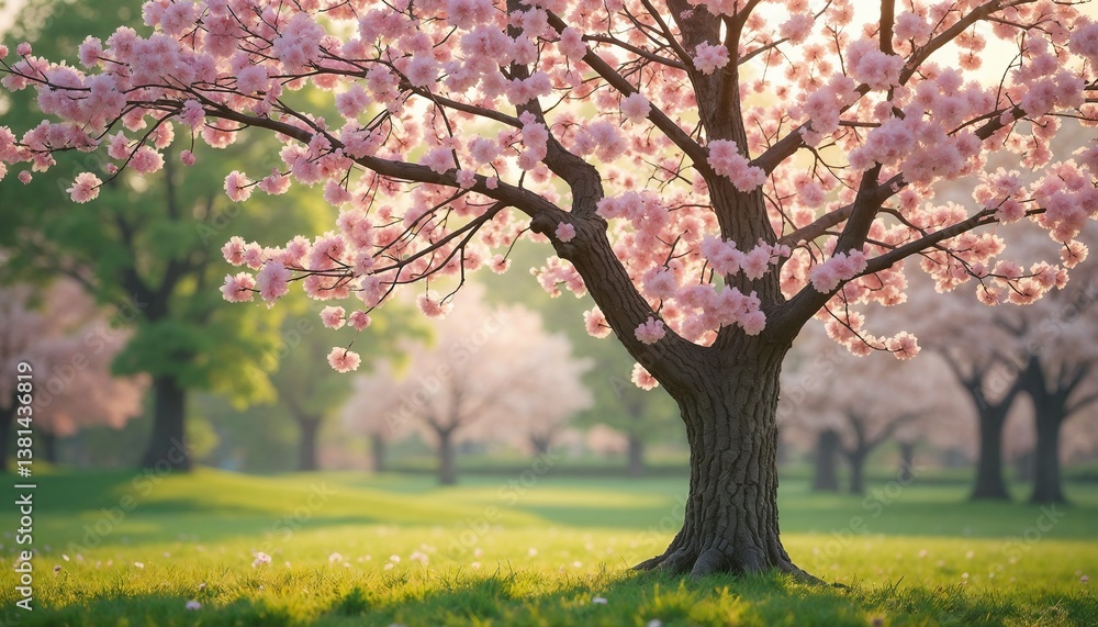 Cherry blossom tree in full bloom against a serene landscape Cherry blossom tree in full bloom against a serene landscape