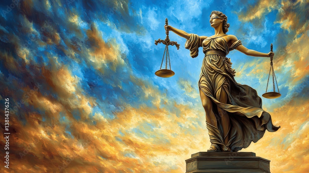 Majestic Lady Justice Statue with Scales on a Vibrant Sunset Background Symbolizing Law and Fairness in a Powerful Visual Representation of Justice Majestic Lady Justice Statue with Scales on a Vibrant Sunset Background Symbolizing Law and Fairness in a Powerful Visual Representation of Justice
