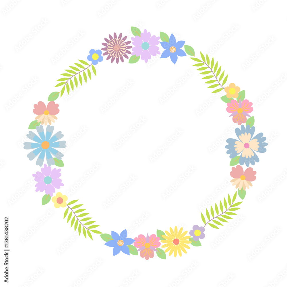 Round floral wreath of decorative whimsical flowers, leaves, simple frame design element for wedding, birthday, card, background, invitation, wallpaper, sticker, decoration Round floral wreath of decorative whimsical flowers, leaves, simple frame design element for wedding, birthday, card, background, invitation, wallpaper, sticker, decoration