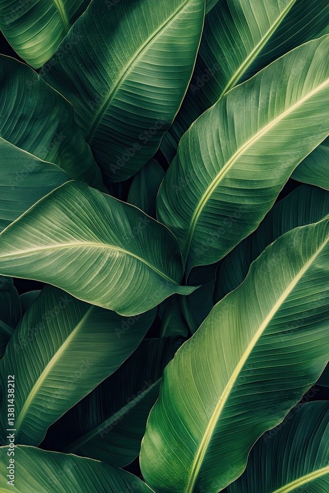 Obraz premium Closeup of vibrant green tropical banana leaves with natural texture and pattern in lush botanical background