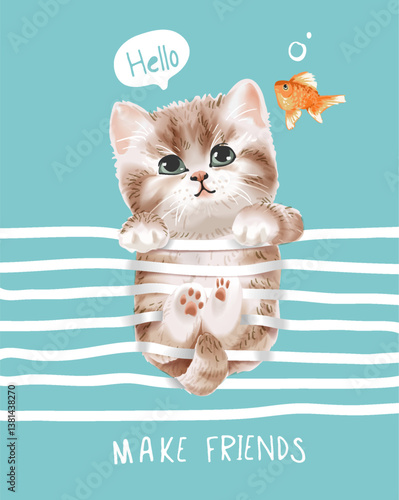 make friends slogan with cute kitten hanging on stripes vector illustration drawn by hand