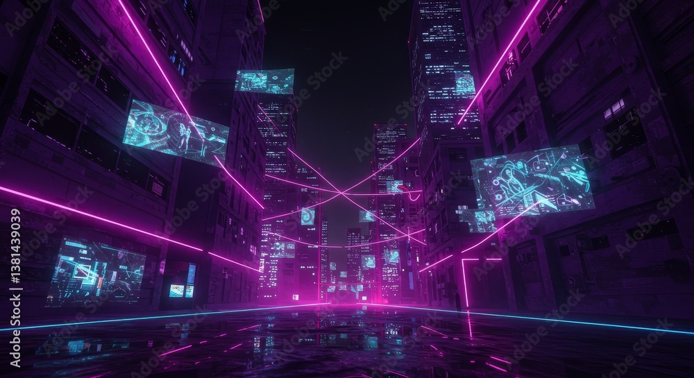 Fototapeta premium Neon Cityscape Nightscape Glowing Lines Purple Buildings - Futuristic city at night, glowing neon lines, purple buildings, displays, vibrant cityscape. Symbolizing technology, innovation, future