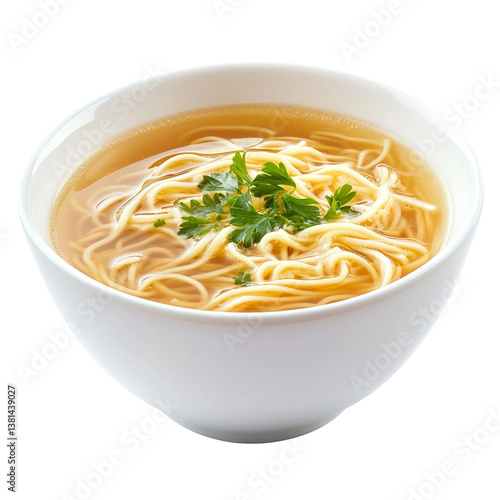 white bowl of noodle soup, side shot

