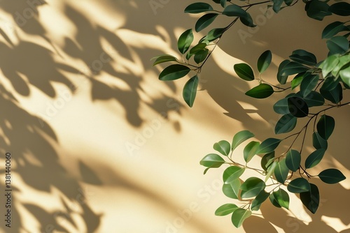 Shadows of Leaves Dance on a Golden Wall in a Sunlit Indoor Space During the ...