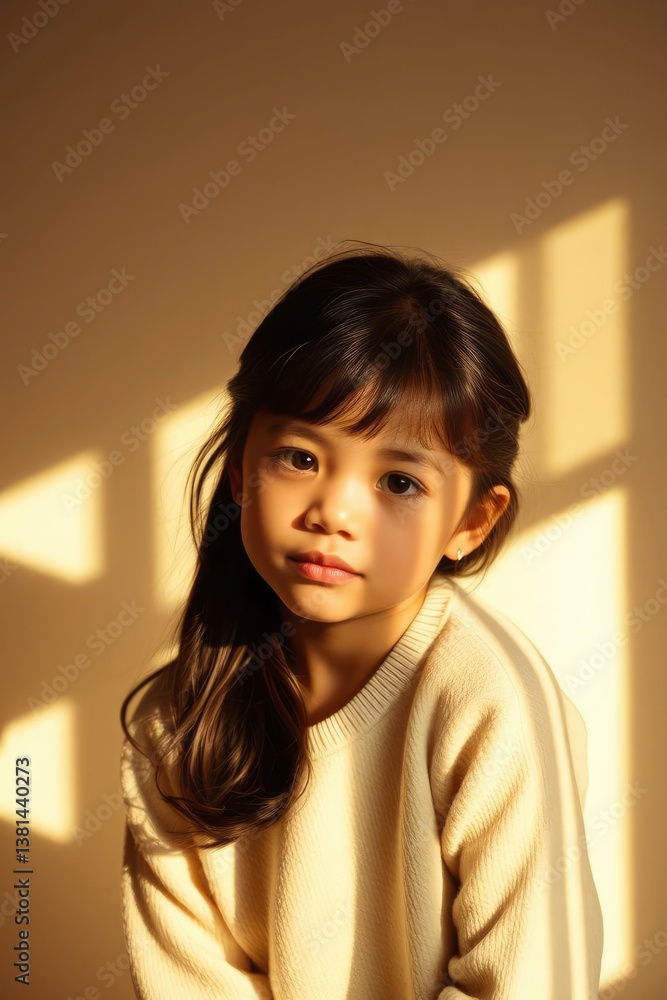 Girl with Gentle Expression Bathed in Warm Sunlight Streaming Through Window Girl with Gentle Expression Bathed in Warm Sunlight Streaming Through Window