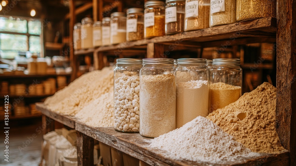 Rustic, rustic, wooden shelves filled with various grains, flours, and legumes in glass jars Rustic, rustic, wooden shelves filled with various grains, flours, and legumes in glass jars