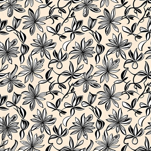 Wallpaper Mural a black and white floral pattern on a beige background Torontodigital.ca