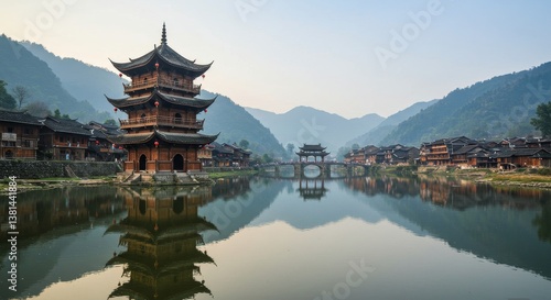 Wallpaper Mural Zhaoxing Village Scenic River Reflection - Tranquil river reflecting ancient architecture, showcasing cultural heritage, natural beauty, peaceful atmosphere Torontodigital.ca