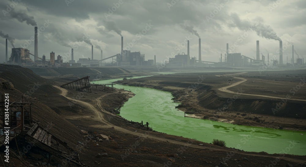 Industrial Pollution and River Contamination - A desolate landscape shows a polluted river flowing through an industrial area, highlighting environmental damage Industrial Pollution and River Contamination - A desolate landscape shows a polluted river flowing through an industrial area, highlighting environmental damage
