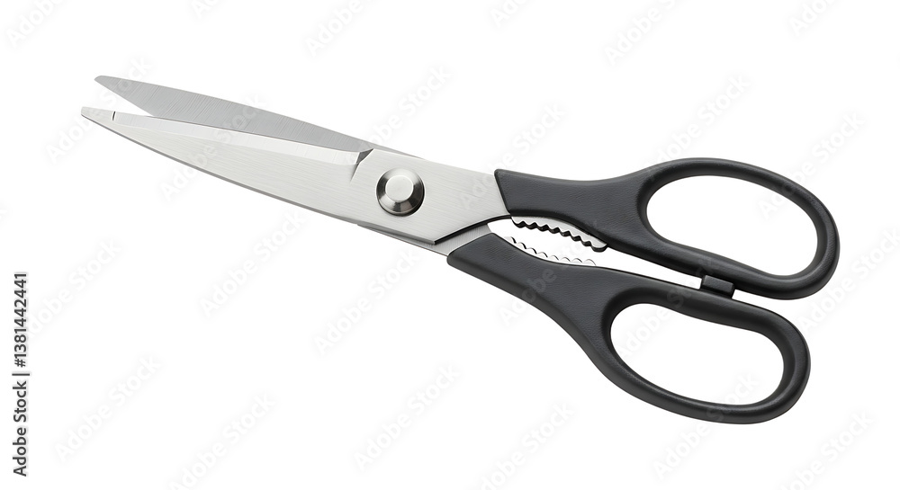 Studio Shot of Open Kitchen Scissors with Black Handles and Steel Blades Studio Shot of Open Kitchen Scissors with Black Handles and Steel Blades
