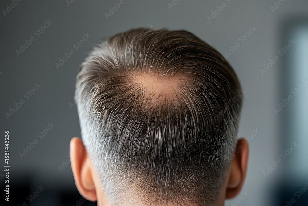 Hair thinning. Image of the crown of a man's head showing thinning hair. The hair is dark with some graying. The image is close-up and shows the scalp. Hair thinning. Image of the crown of a man's head showing thinning hair. The hair is dark with some graying. The image is close-up and shows the scalp.