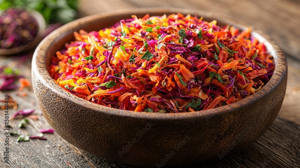 Vibrant Carrot and Red Cabbage Salad in Wooden Bowl Vibrant Carrot and Red Cabbage Salad in Wooden Bowl