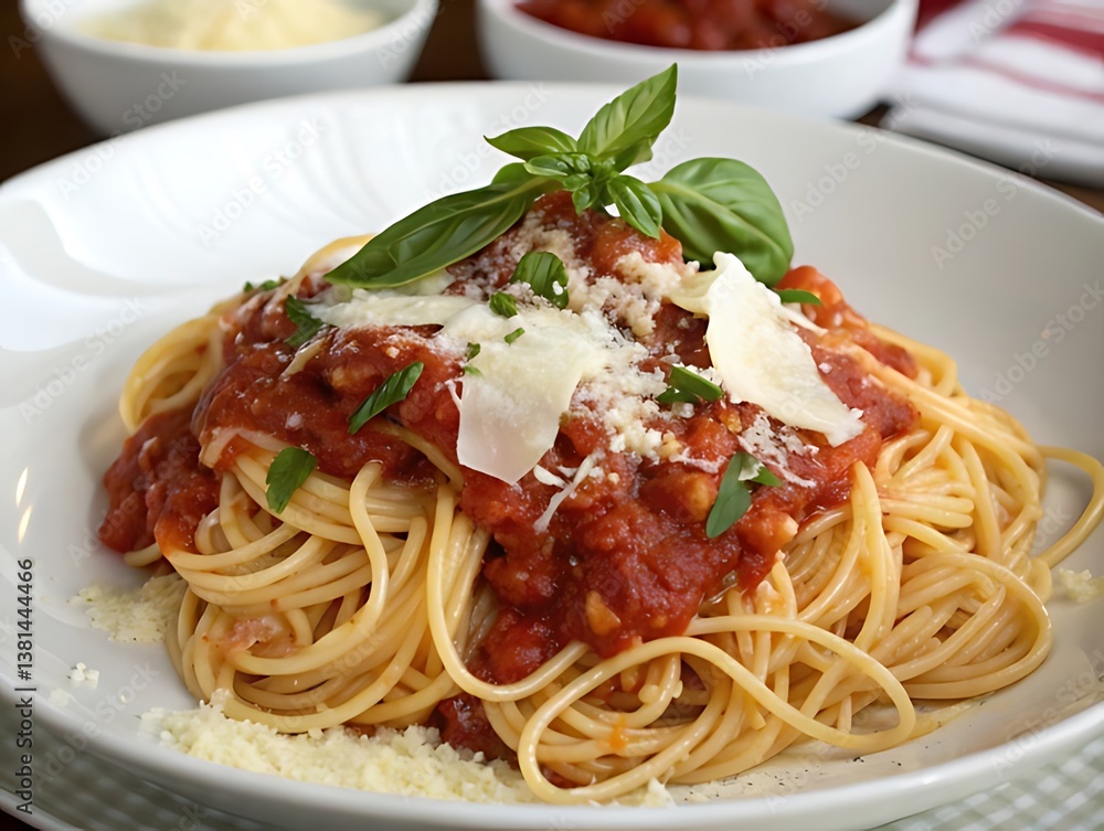 Spaghetti and pasta with tomato sauce, basil, and cheese served on a plate, featuring a delicious and healthy Italian meal with meat and noodles. Spaghetti and pasta with tomato sauce, basil, and cheese served on a plate, featuring a delicious and healthy Italian meal with meat and noodles.
