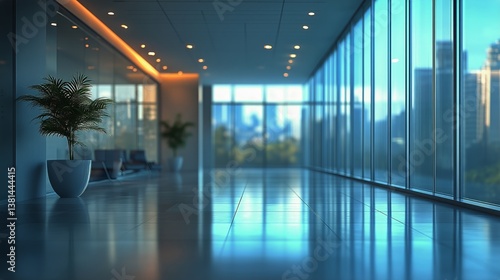 Modern Office Corridor With Large Windows Showcasing City Skyline During Dayl...