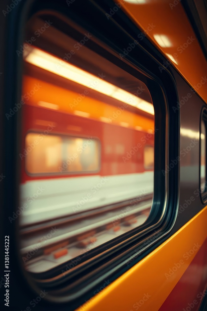 Fototapeta premium Riding the Train Window View of Passing Platform and Railroad Tracks