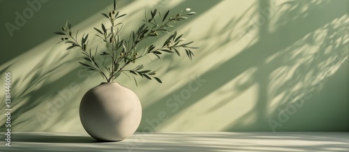 Elegant Green Vase With Foliage Against a Textured Wall in Soft Sunlight