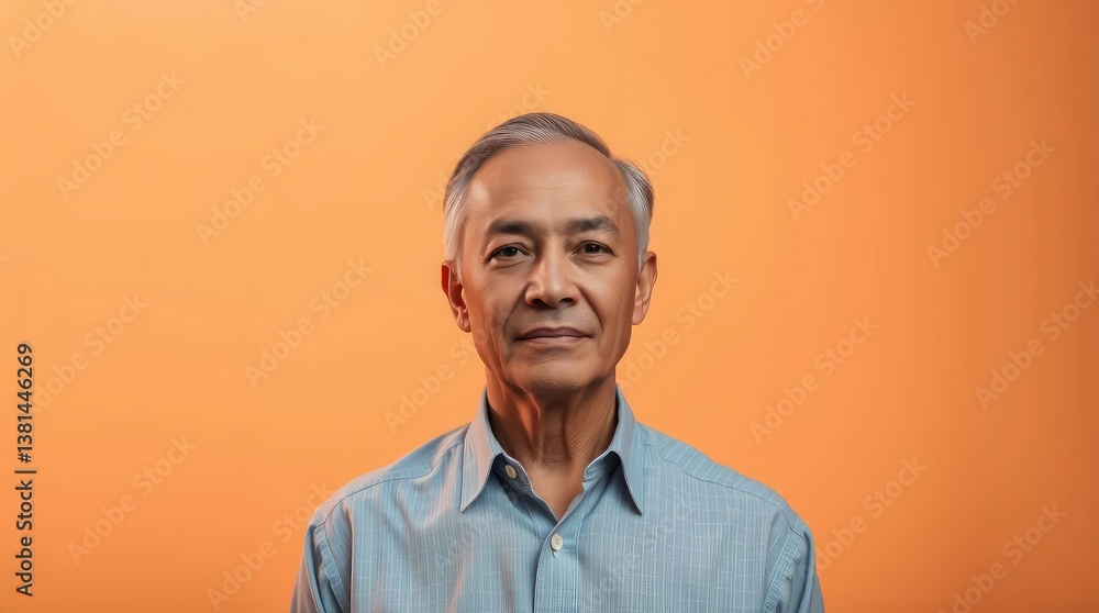 Fototapeta premium Senior Asian Man Portrait on Orange Background with Calm Expression