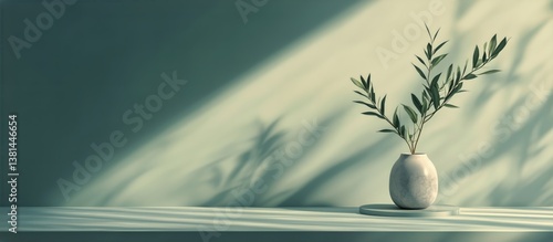 Elegant Green Vase With Foliage Against a Textured Wall in Soft Sunlight