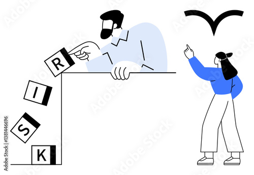 Businessman placing blocks, woman pointing at solution, representing managing risk and teamwork. Ideal for leadership, collaboration, problem-solving, responsibility, guidance, decision-making flat