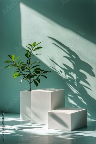 Green Plant on Minimalist White Blocks in Serene Light Setting