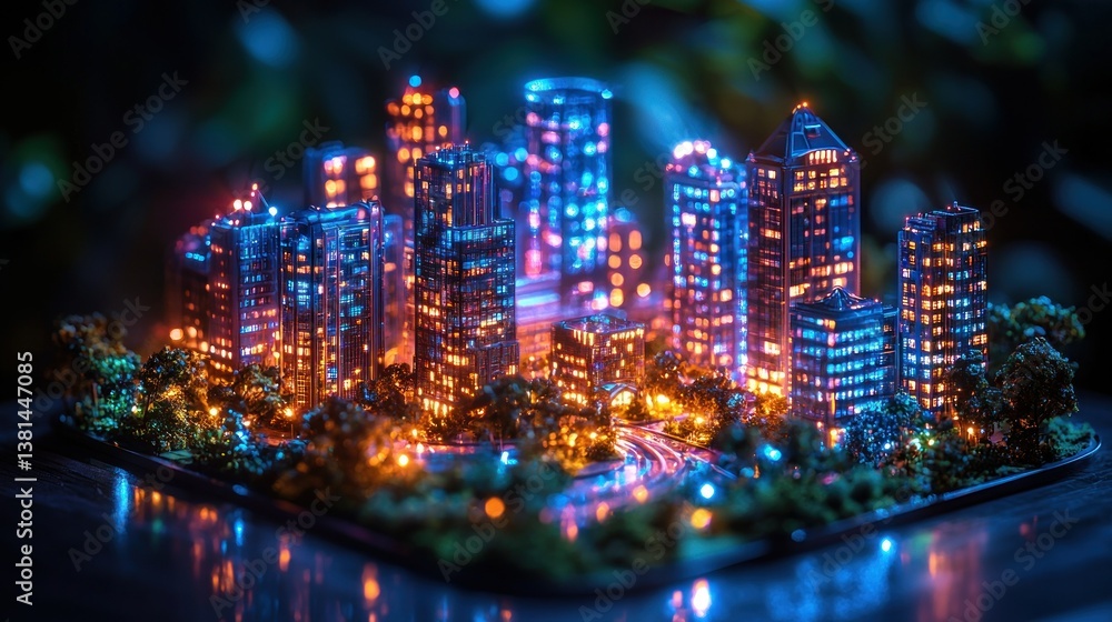 Naklejka premium Night Cityscape Miniature: A Luminous Urban Landscape