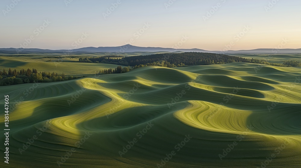 Fototapeta premium Rolling green hills in the early morning light showcase the beauty of nature, tranquility, and peaceful landscape photography