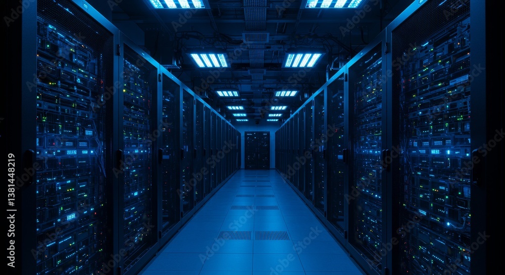 Modern Tech Data Center Night Scene Servers - Glowing servers, modern facility, nighttime, technology, data processing. Symbolizing innovation, progress, connectivity, power, and future Modern Tech Data Center Night Scene Servers - Glowing servers, modern facility, nighttime, technology, data processing. Symbolizing innovation, progress, connectivity, power, and future