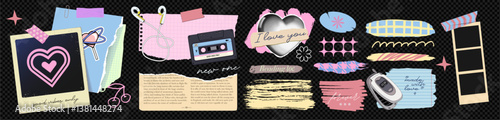 A set of retro textured torn paper, including ripped notebook sheets, rough jagged edges, and old newspaper fragments, arranged in a trendy 90s collage style. Photo Frame, brush stroke elements, Phone