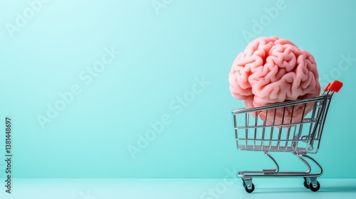 A whimsical representation of a human brain placed in a shopping cart against a vibrant backdrop, emphasizing the interplay of intellect and consumerism in daily choices.