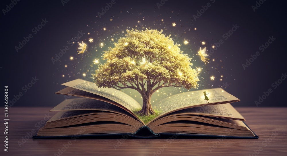 Fototapeta premium The Magical Tree of Stories - A glowing tree springs from an open book, surrounded by magical sparkles and tiny fairies. A mystical scene depicting imagination and wonder