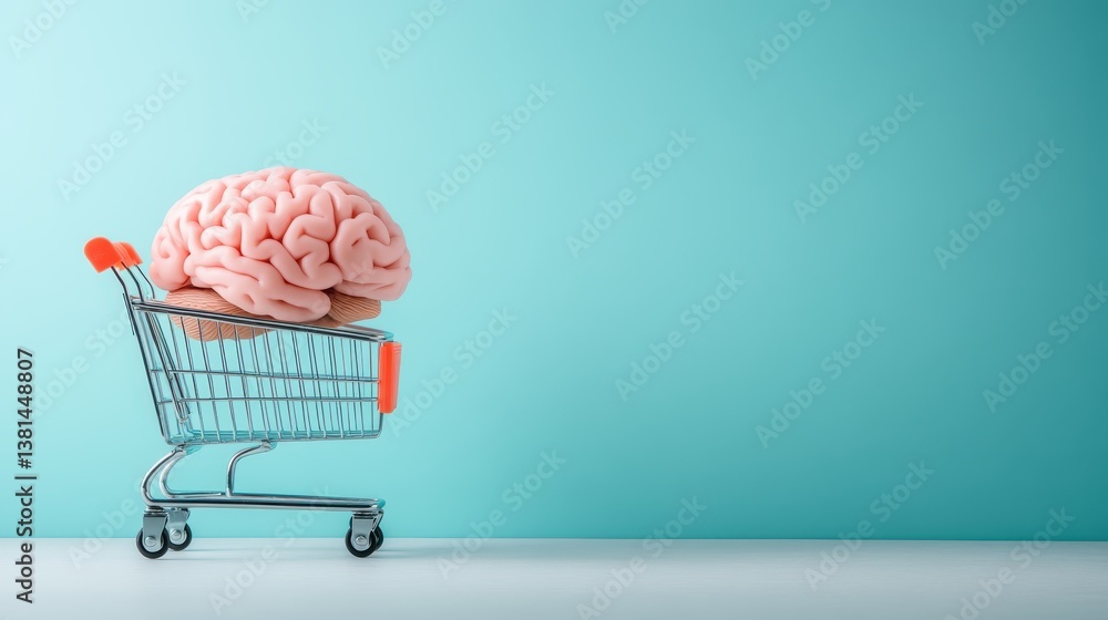 An intriguing image of a brain nestled in a shopping cart illustrating the metaphor of shopping for knowledge and ideas in a visually engaging, thought-provoking manner.