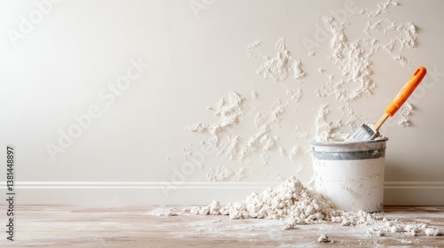 Wallpaper Mural A photograph of a bucket of paint and scoop with spilled content on a floor, representing the themes of home improvement, creativity, and artistic expression in a rustic setting. Torontodigital.ca