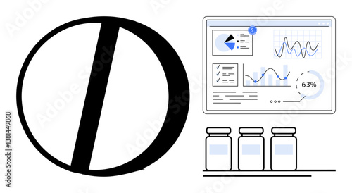 Pill icon paired with a digital dashboard displaying analytics, charts, and data insights. Below, three bottles signify production or inventory. Ideal for healthcare, pharmaceutical analysis
