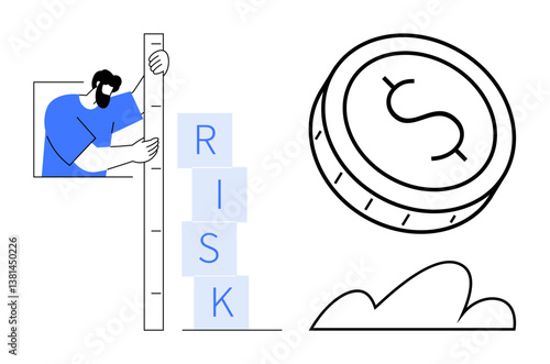Person assessing risk blocks with a measuring stick, large coin symbolizing money, cloud suggesting uncertainty. Ideal for finance, investment, decision-making, business strategy, risk management