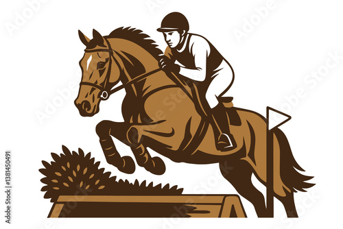 Equestrian rider jumping over obstacle on a horse in stylized vintage illustration with dynamic movement and focus
