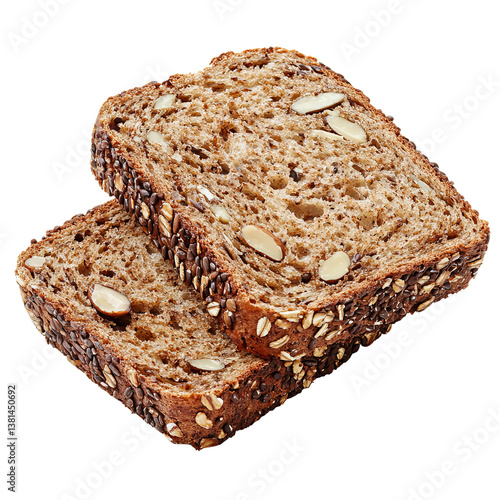 two slices of nut and seed bread served on a clean surface, low view

